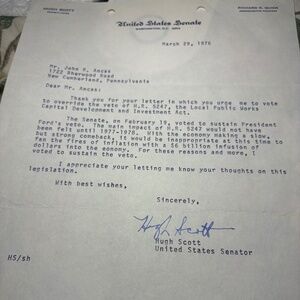 🇺🇸 Senator Hugh Scott — 1976 Signed Autograph Letter | Senate Minority Leader